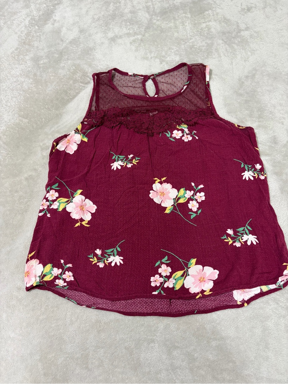 No Boundaries XL Burgundy Floral Sleeveless Top Tunic Sheer Lace Y2K